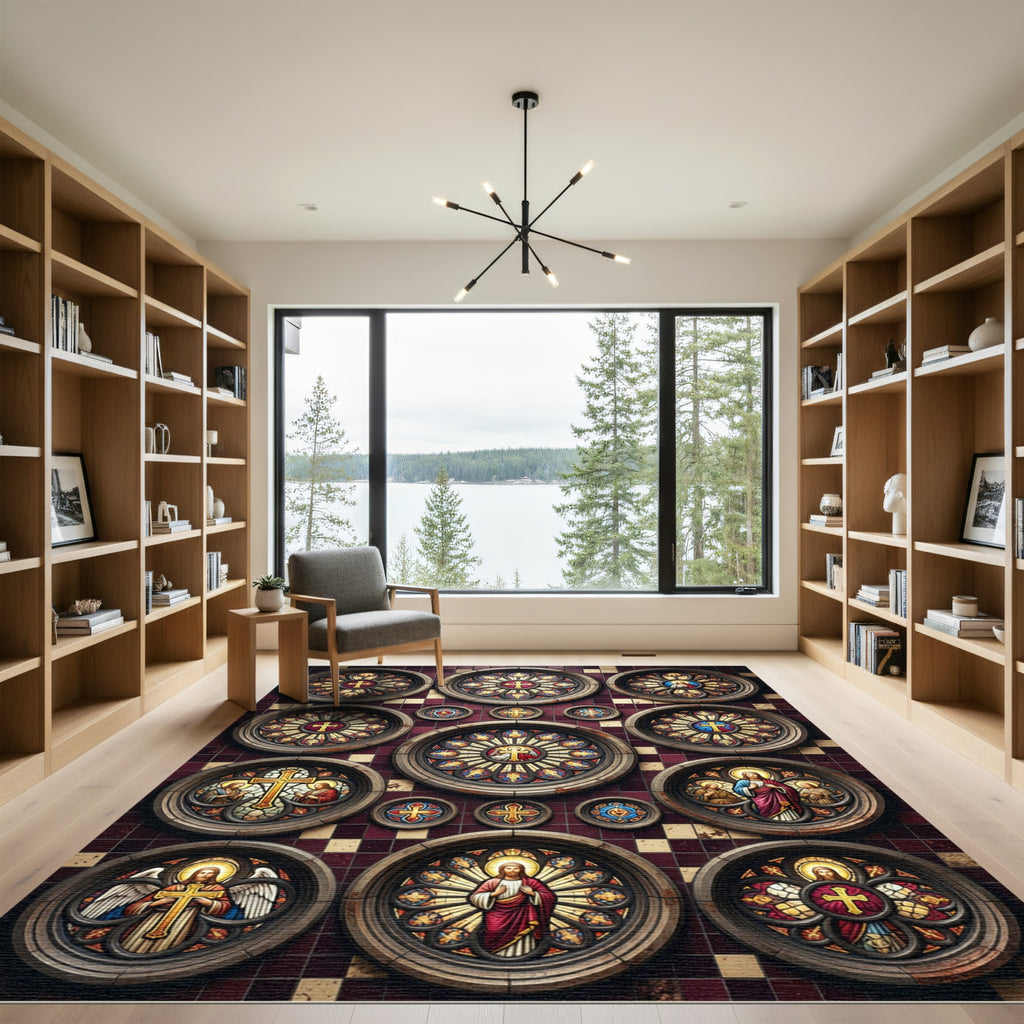Gothic Stained Glass Burgundy Cross Medallion Rug