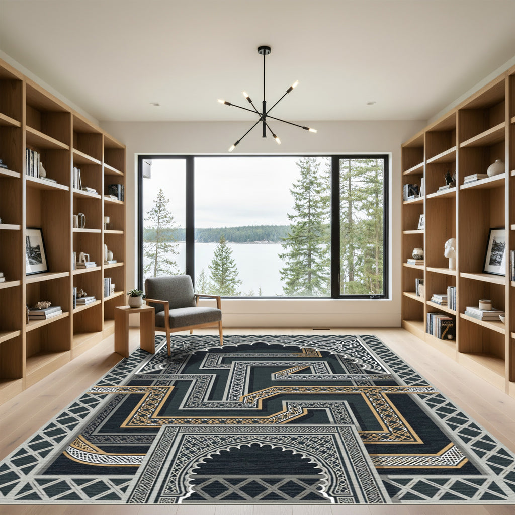 Dark Arched Geometric Gold Maze Rug