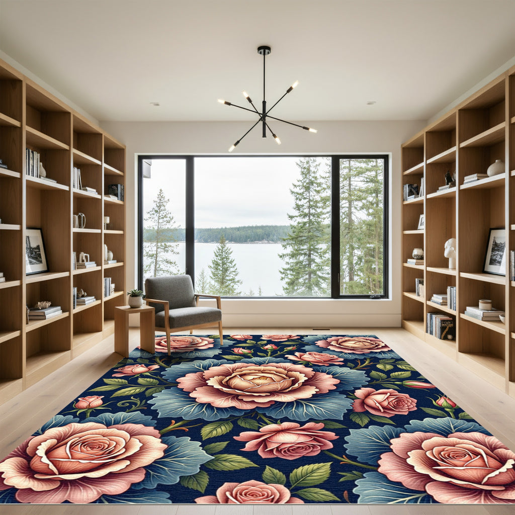 Romantic Pink Rose Dark Floral Rug