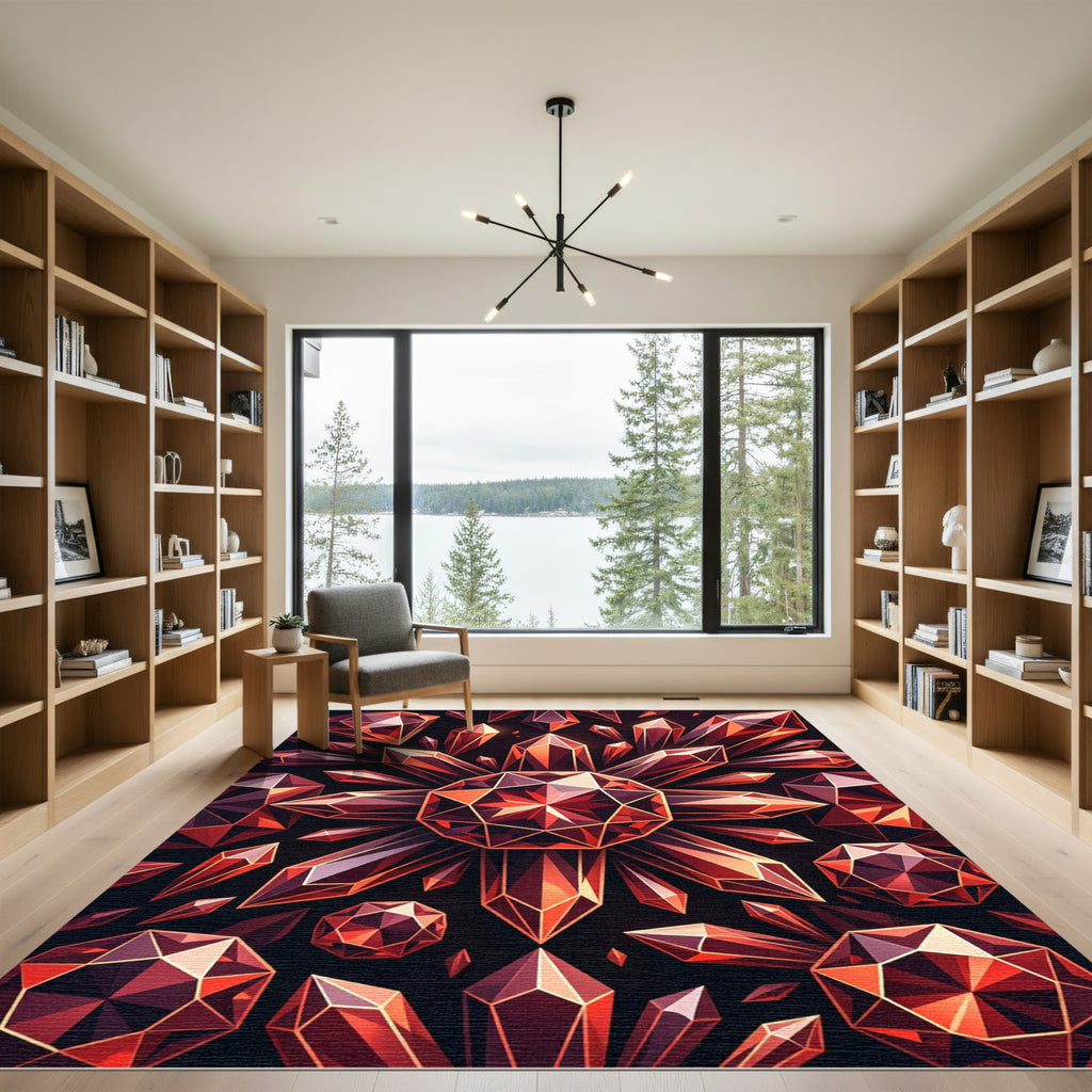 Radiant Red Crystal Geometric Burst Rug
