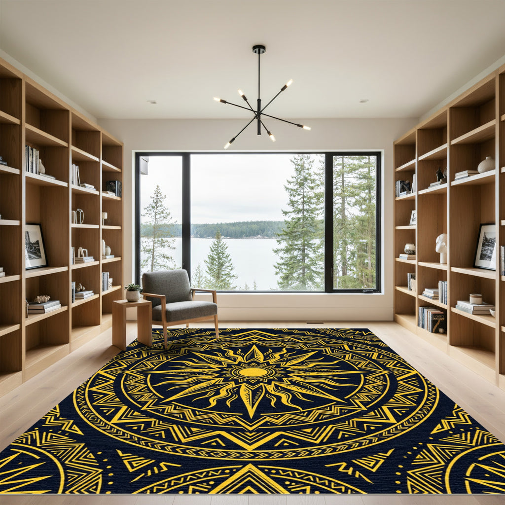 Golden Radiant Sunburst Geometric Mandala Rug