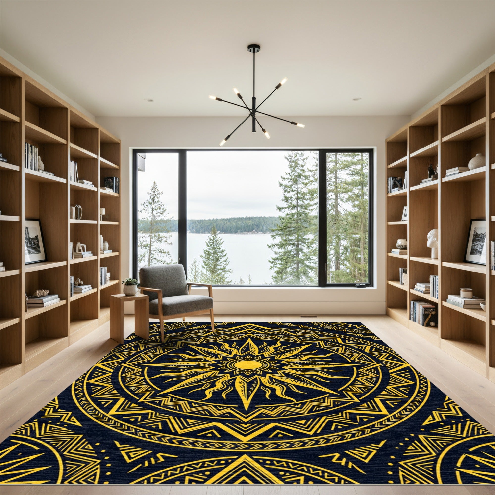 Golden Radiant Sunburst Geometric Mandala Rug