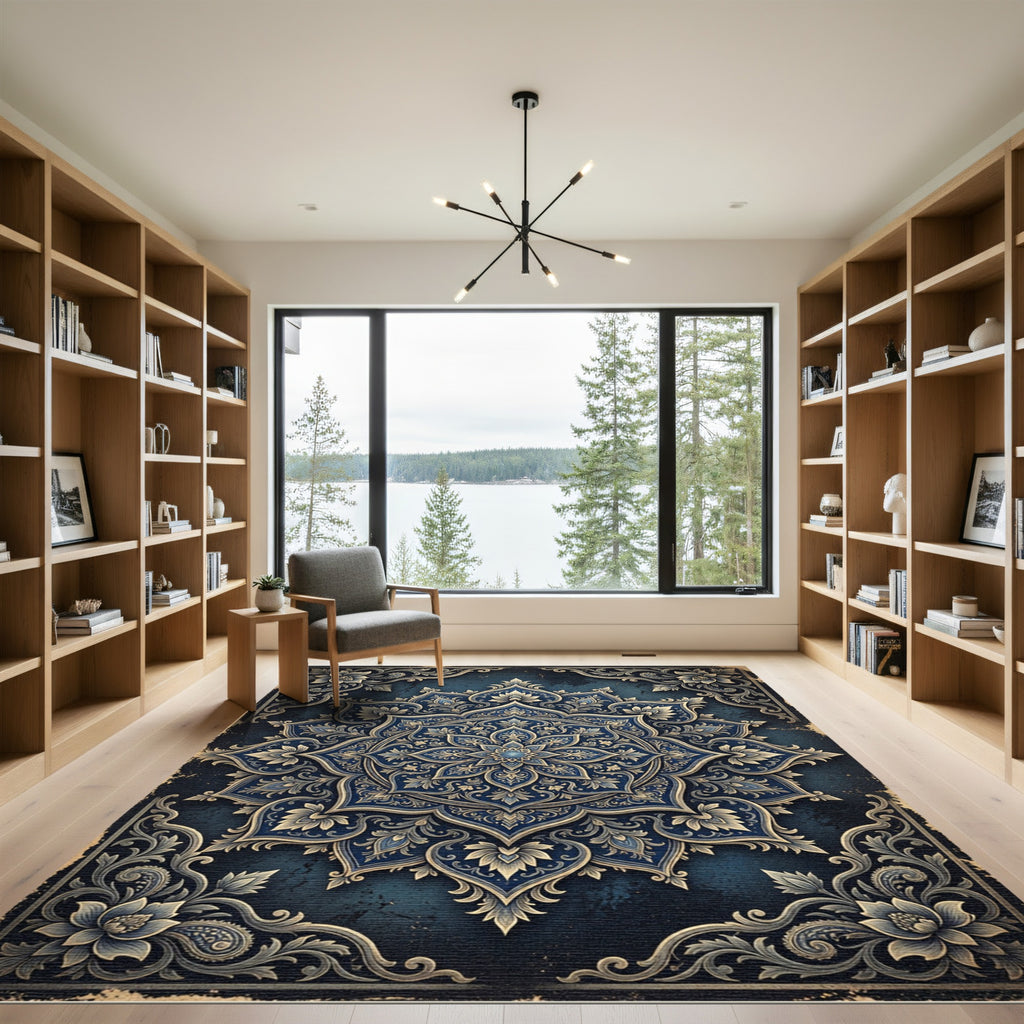 Ornate Navy Blue Floral Mandala Medallion Rug