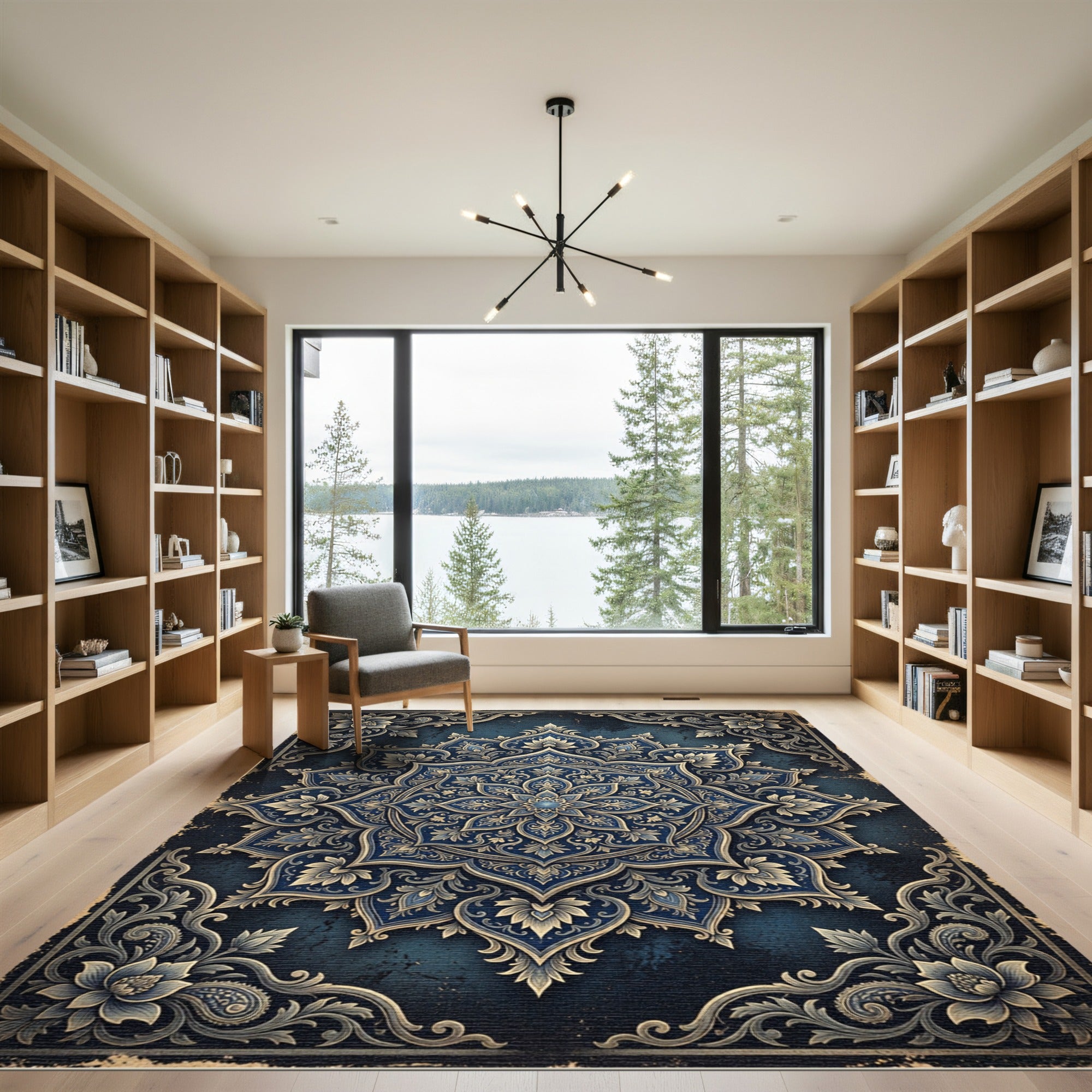 Ornate Navy Blue Floral Mandala Medallion Rug