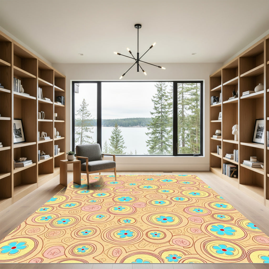 Whimsical Yellow Blue Flower Circles Rug