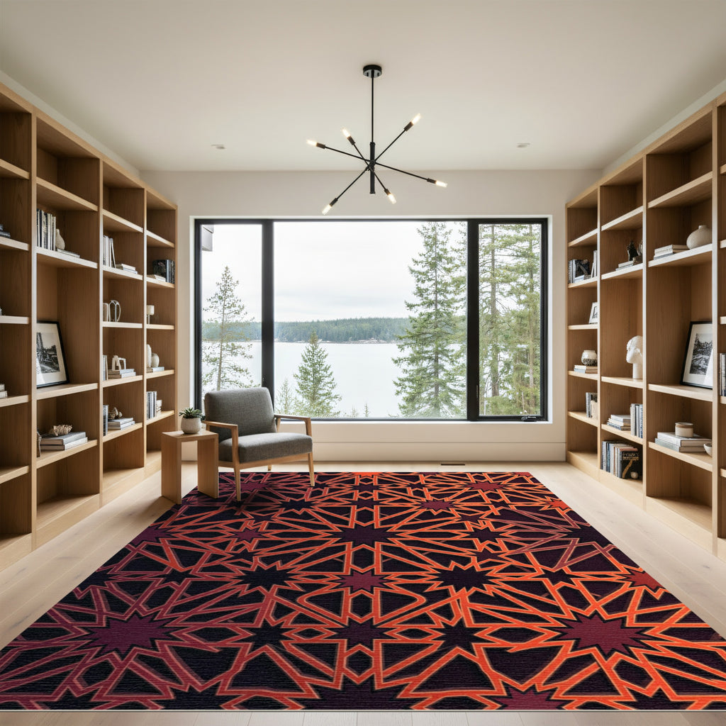 Geometric Crimson Star Layered Art Rug