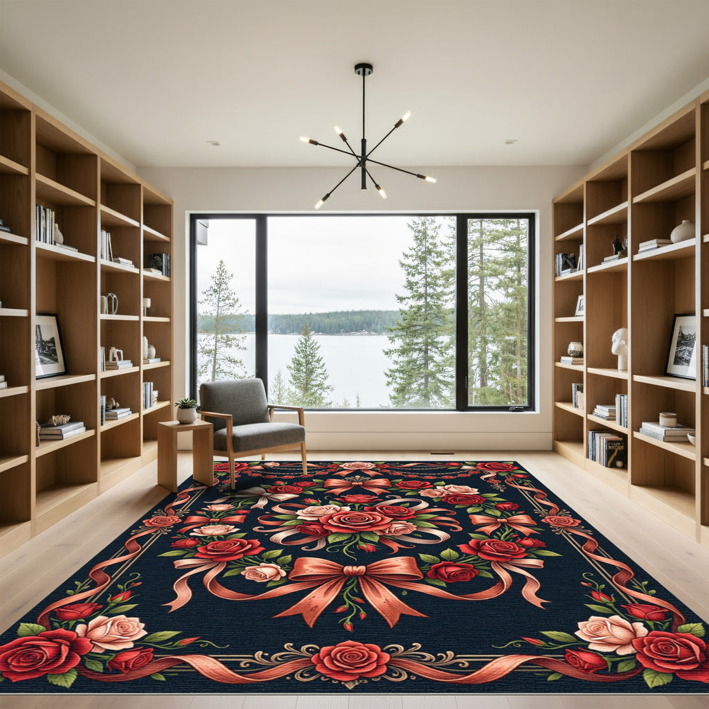 Elegant Red Roses Ribbon Garland Rug