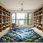 Misty Blue Mountain Waterfall Forest Flora Rug
