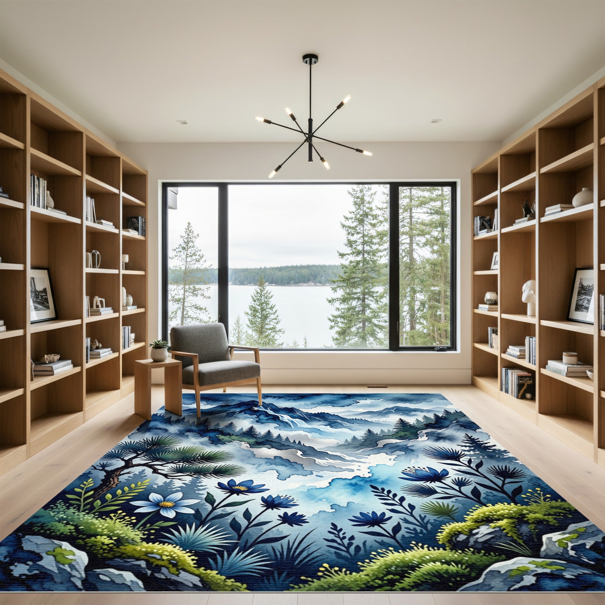 Misty Blue Mountain Waterfall Forest Flora Rug