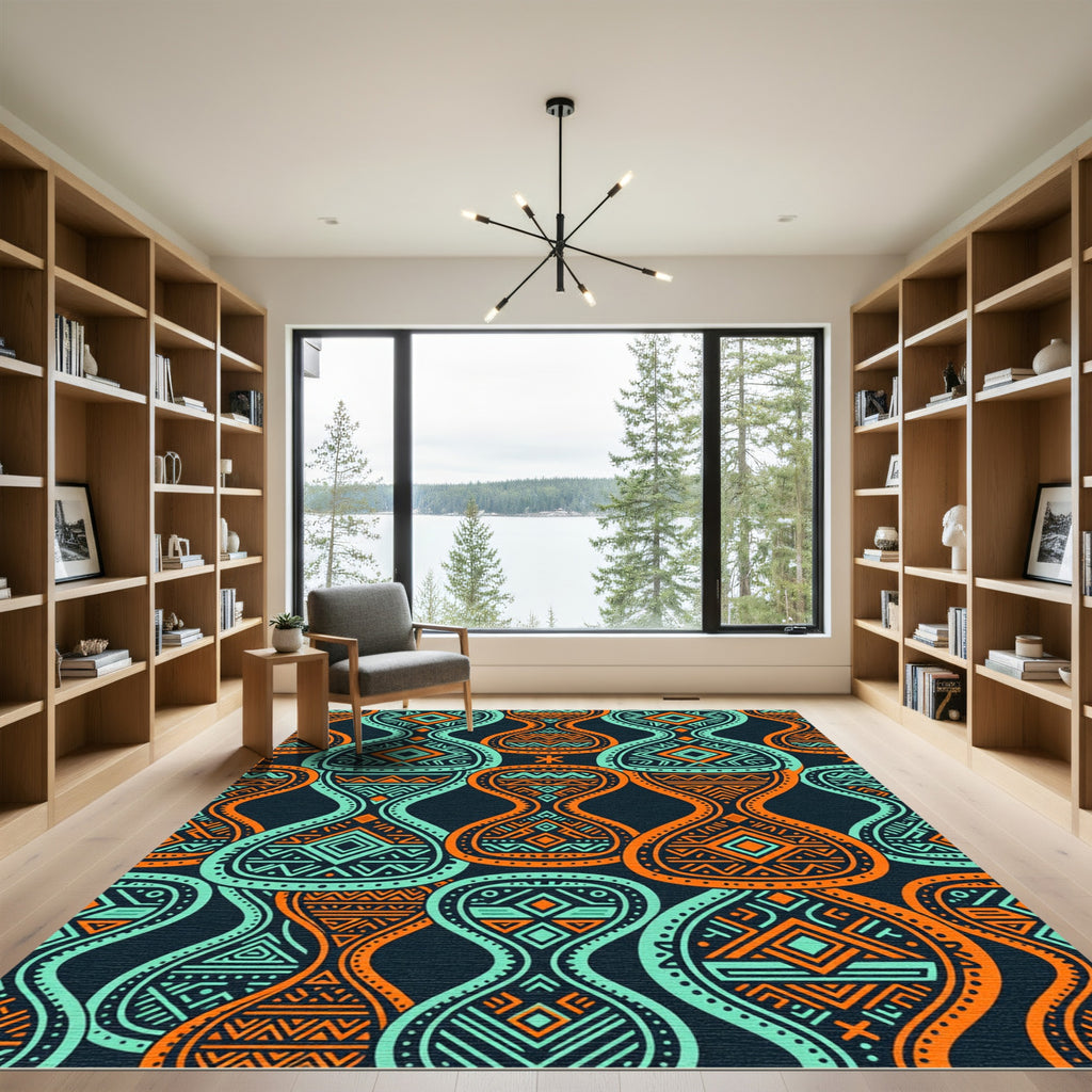 Teal and Orange Geometric Tribal Art Rug