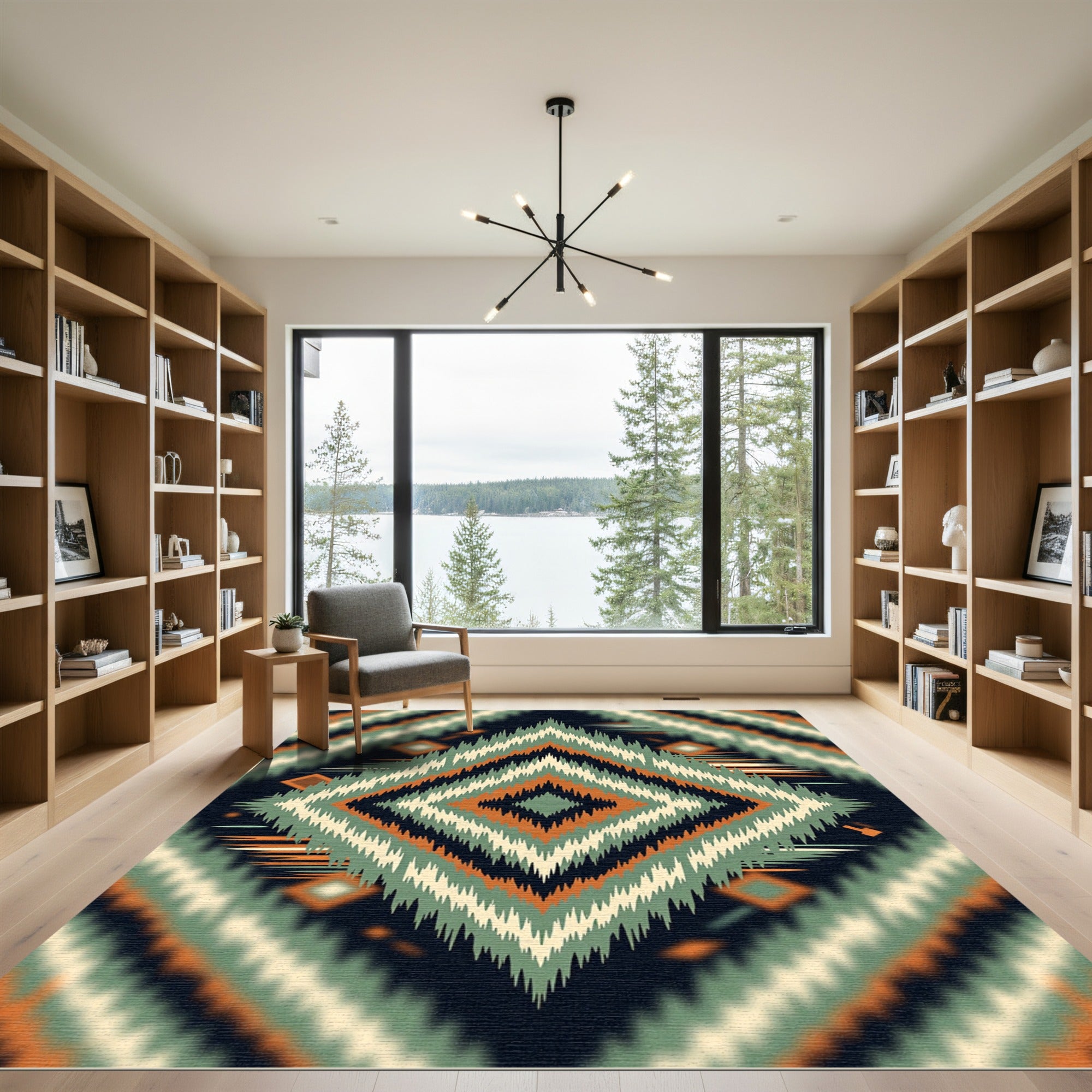 Earthy Sage and Copper Geometric Diamond Rug