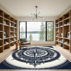 Ornate Navy Nautical Compass Medallion Rug