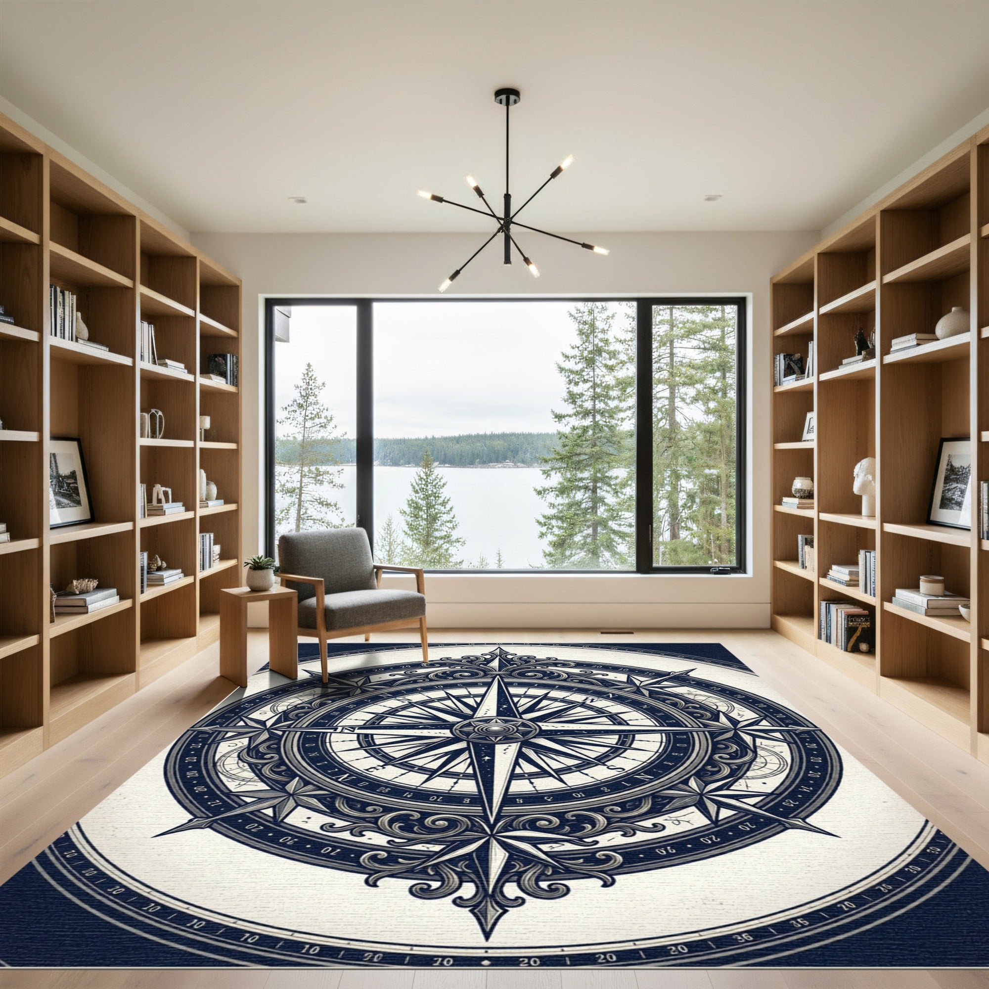 Ornate Navy Nautical Compass Medallion Rug