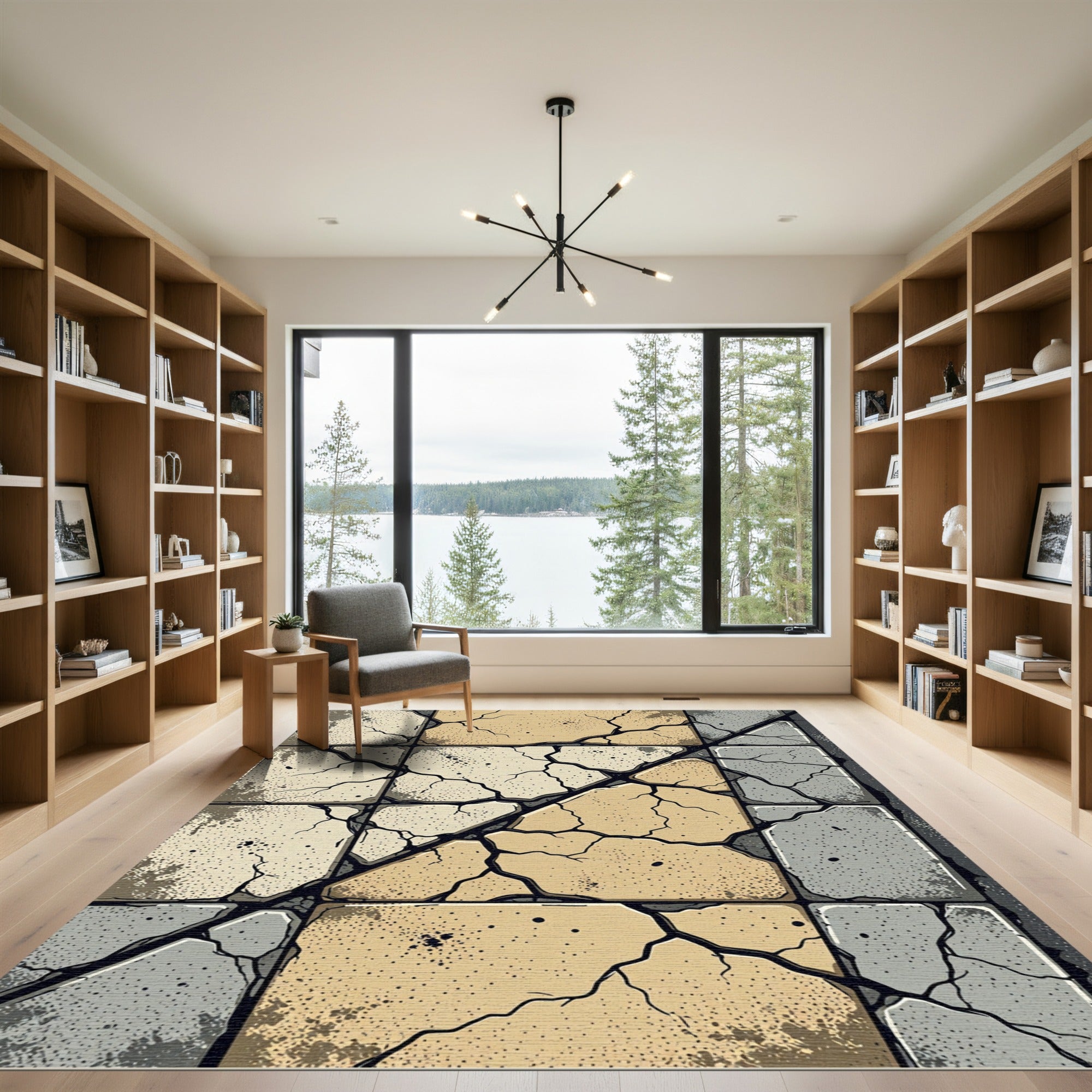 Cracked Stone Tile Geometric Composition Rug