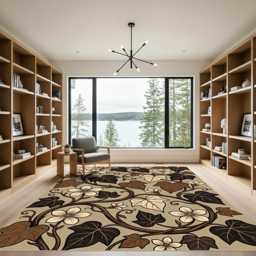 Earthy Brown Ivy Leaf Floral Vine Rug