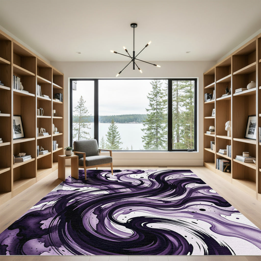 Abstract Deep Purple Ink Swirl Rug