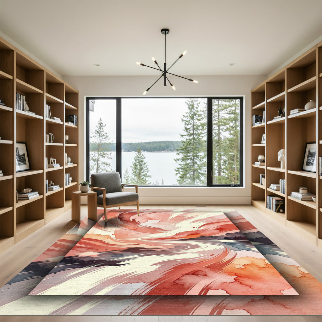 Abstract Crimson Swirl Watercolor Movement Rug