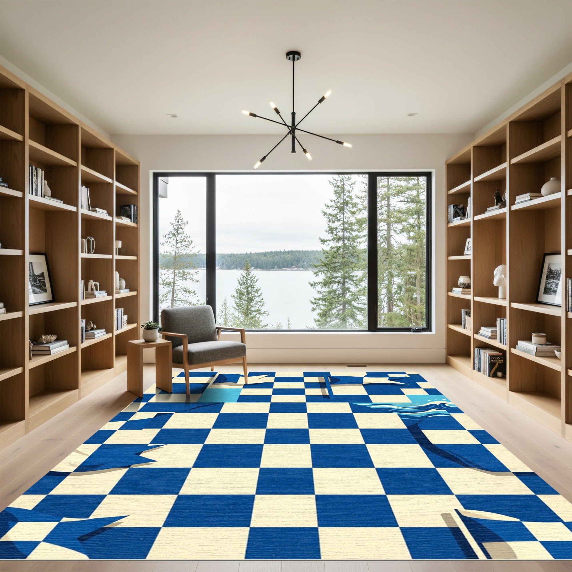 Blue and White Nautical Checkered Wave Rug