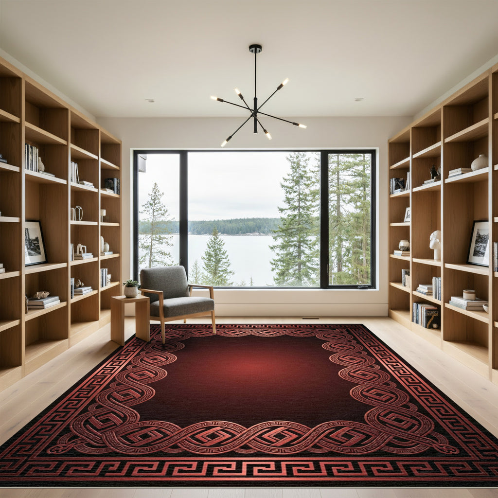Crimson Intertwined Geometric Border Rug
