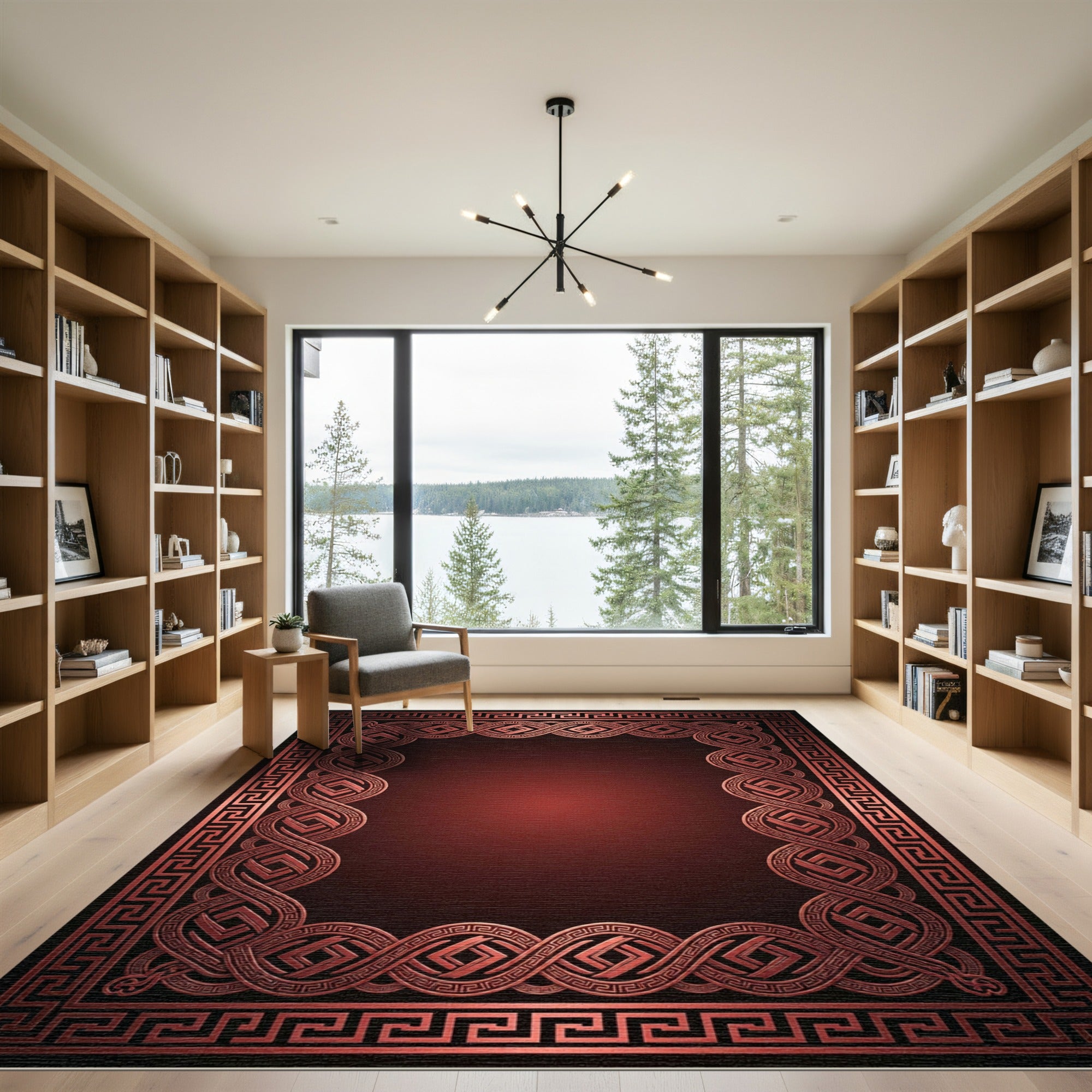 Crimson Intertwined Geometric Border Rug