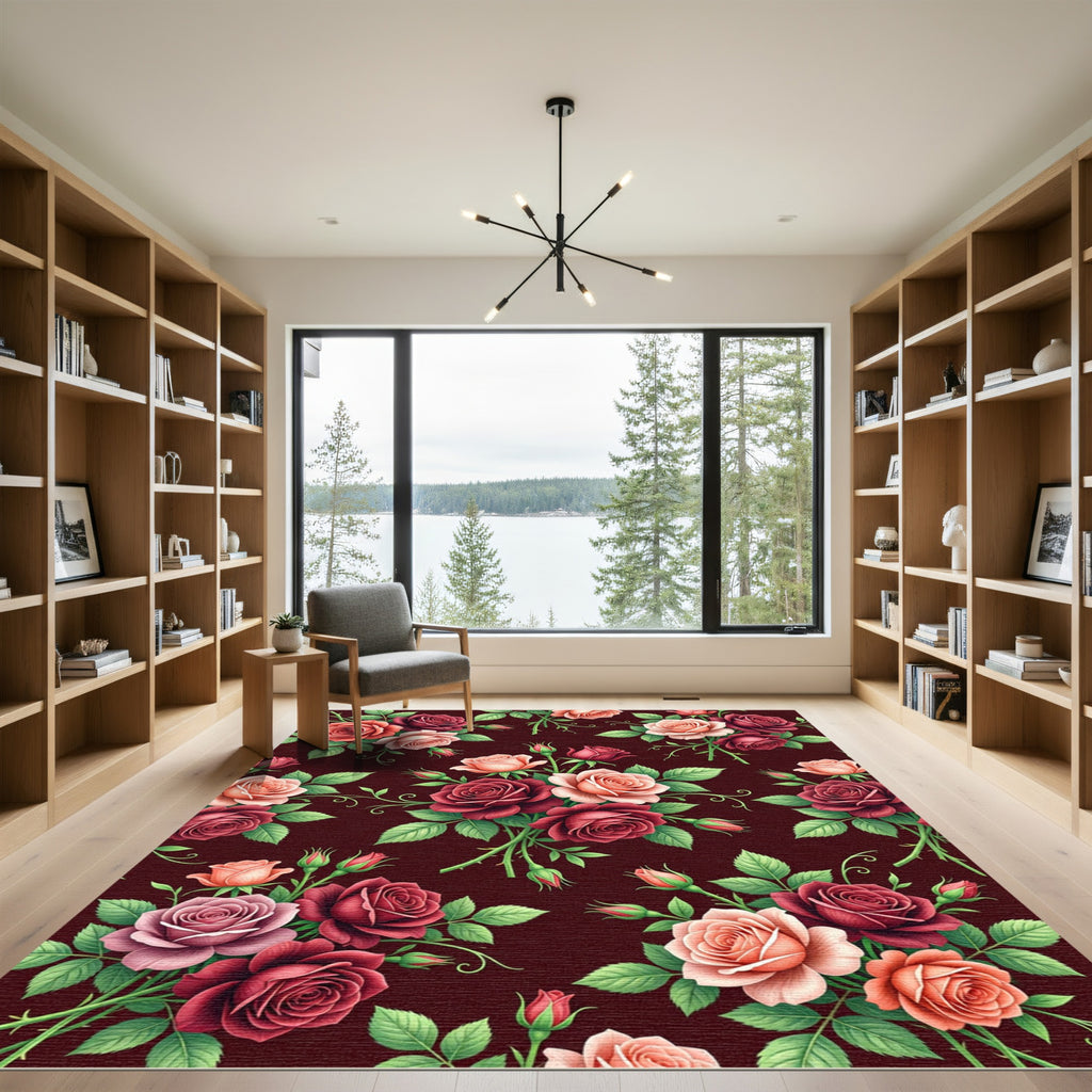 Deep Red Pink Rose Garden Bouquet Rug