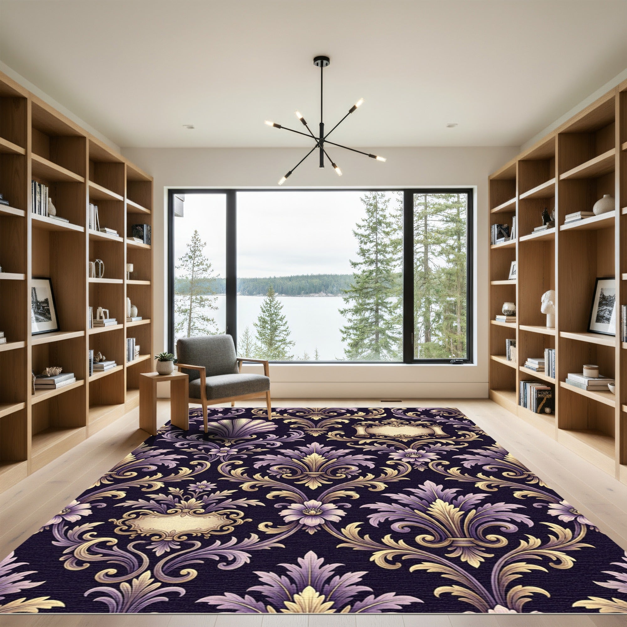 Ornate Purple Gold Damask Scroll Rug