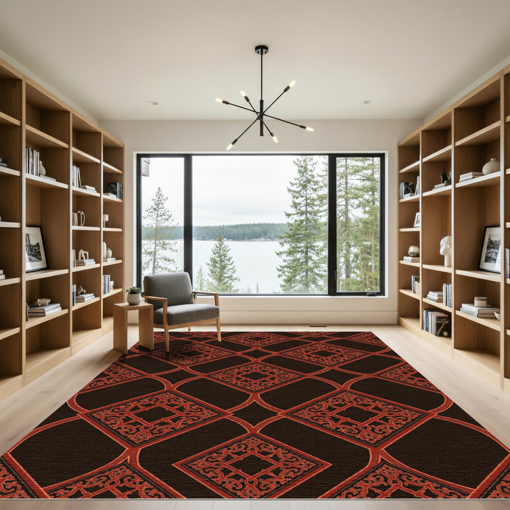 Deep Red Lattice Scrollwork Inlay Rug