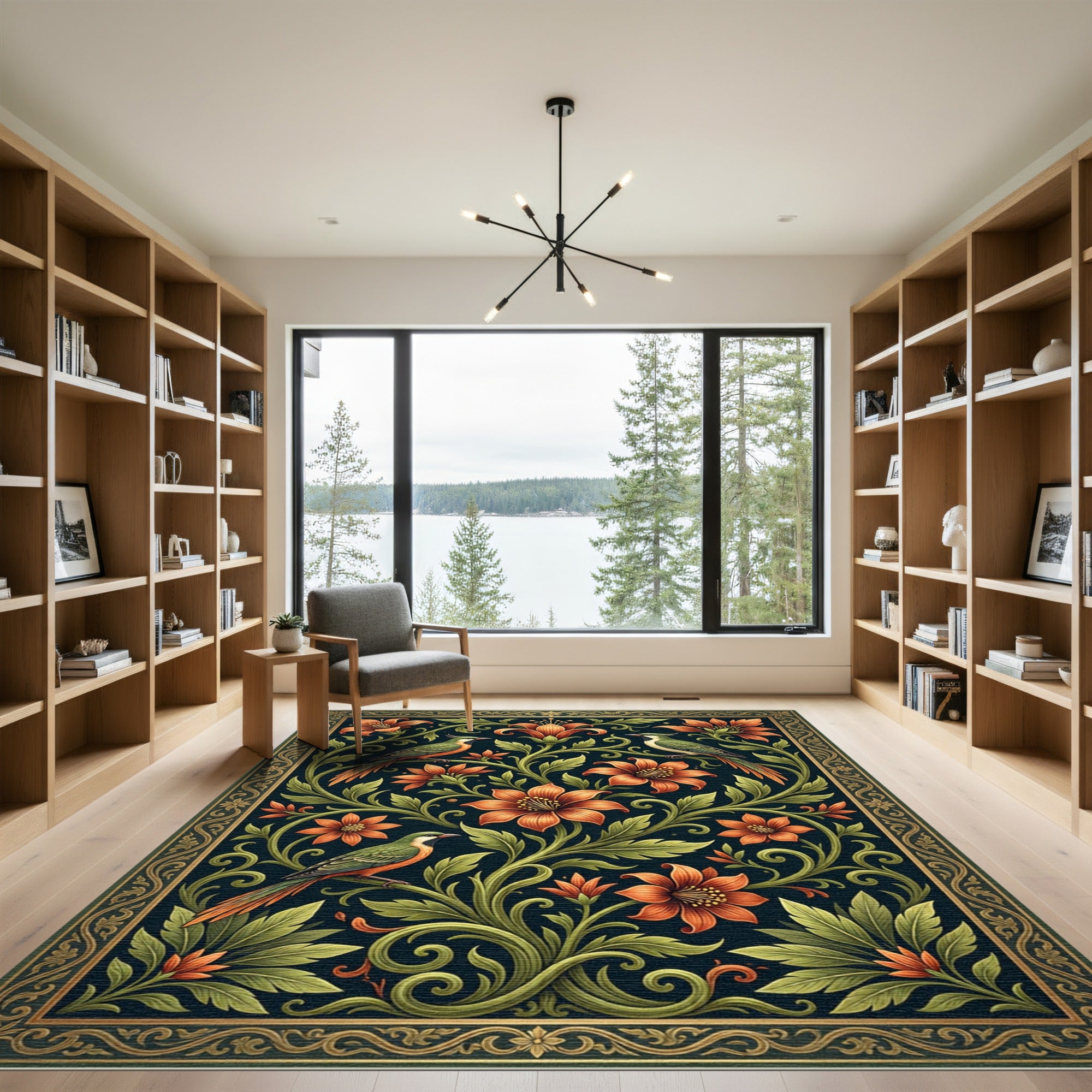 Ornate Emerald Green Floral Birdscape Rug