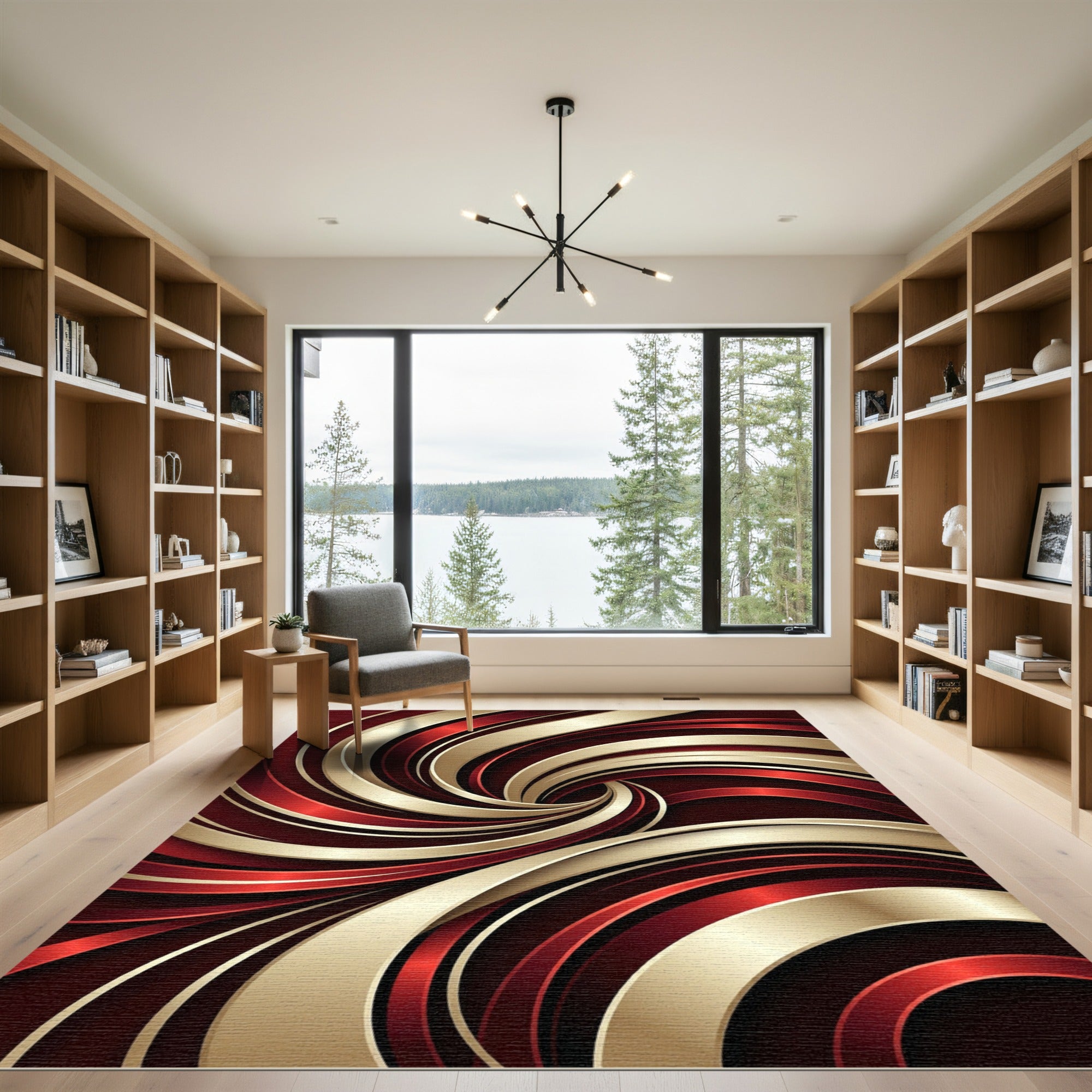 Crimson Gold Swirl Abstract Rug