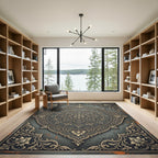 Ornate Slate Charcoal Golden Floral Medallion Rug