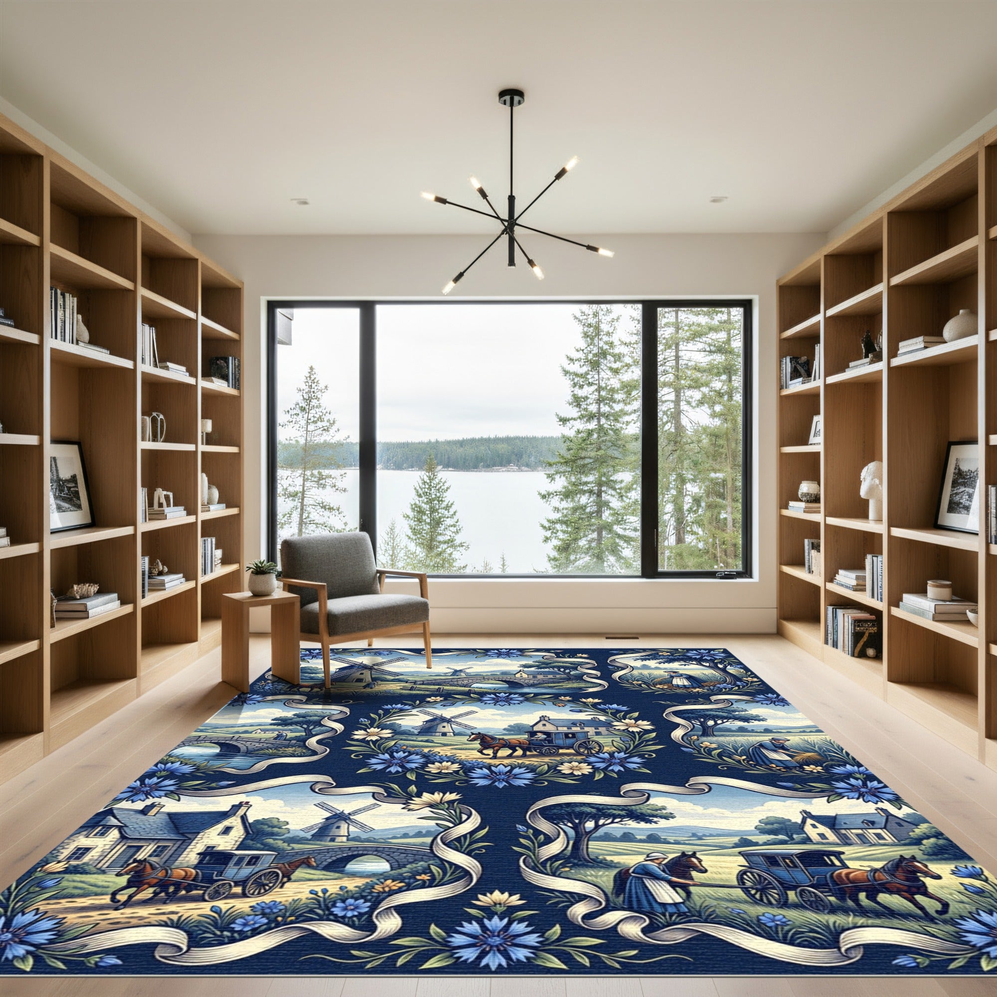 Vintage Countryside Cottage Floral Scene Rug