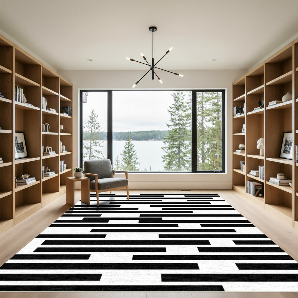 Black White Uneven Line Harmony Rug