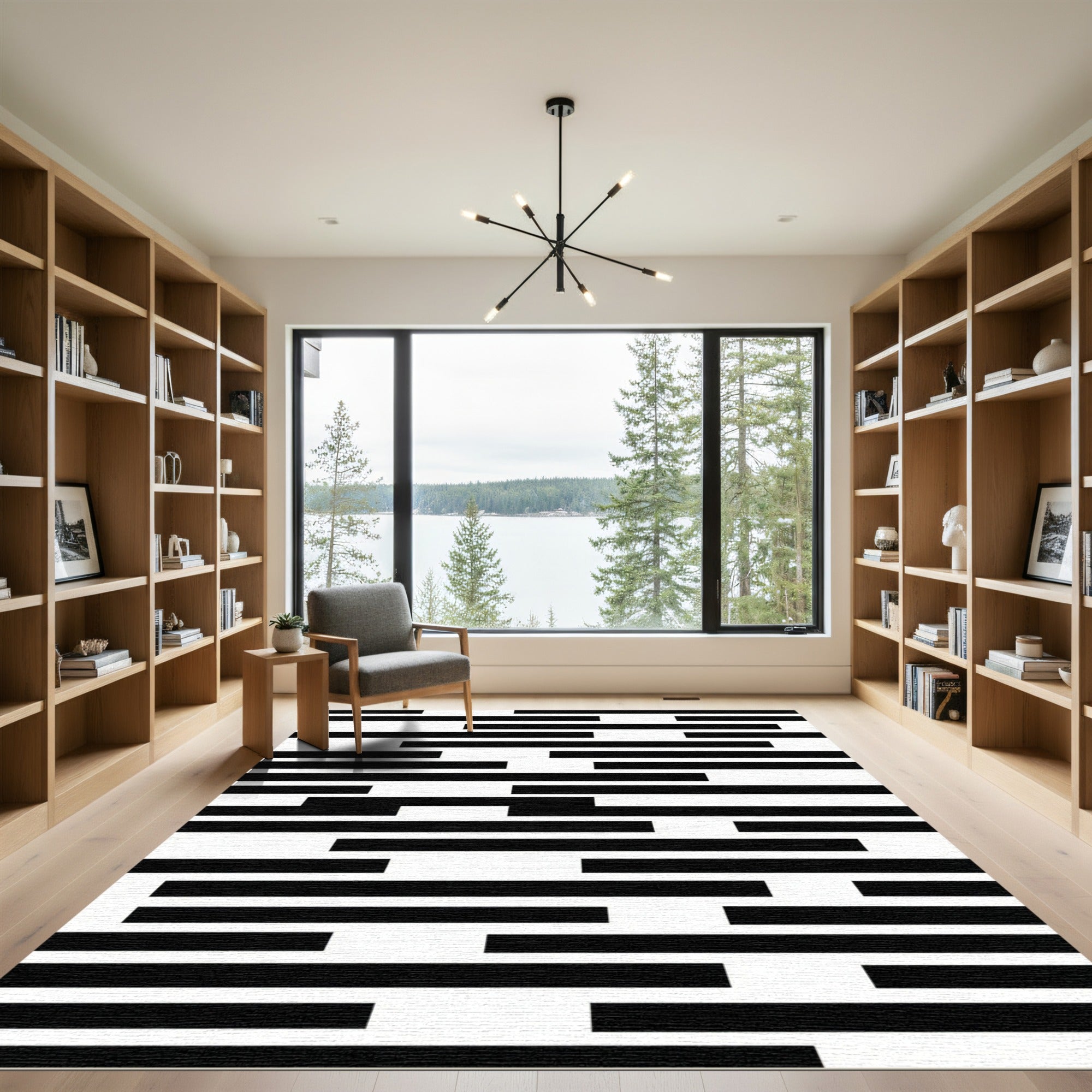 Black White Uneven Line Harmony Rug