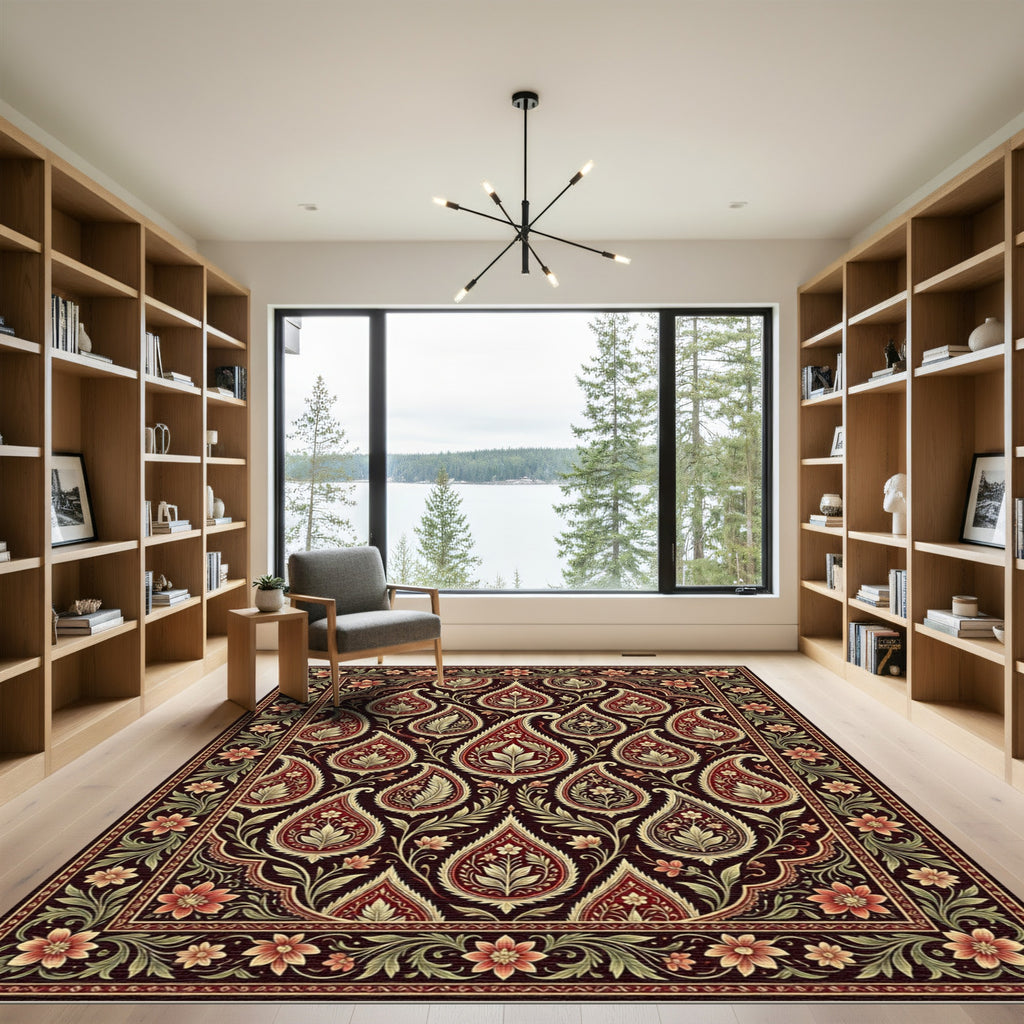 Rich Crimson Paisley Floral Border Rug