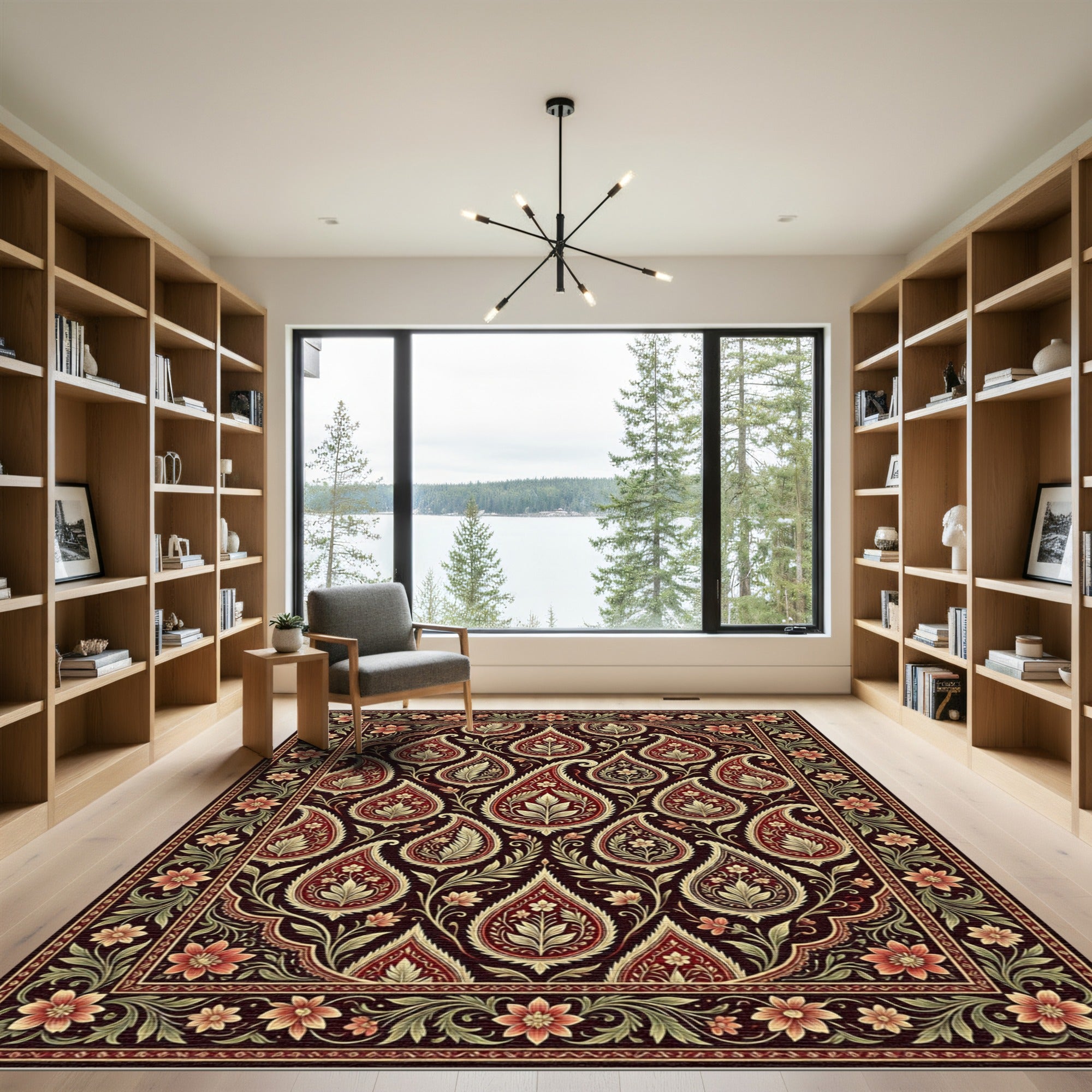 Rich Crimson Paisley Floral Border Rug