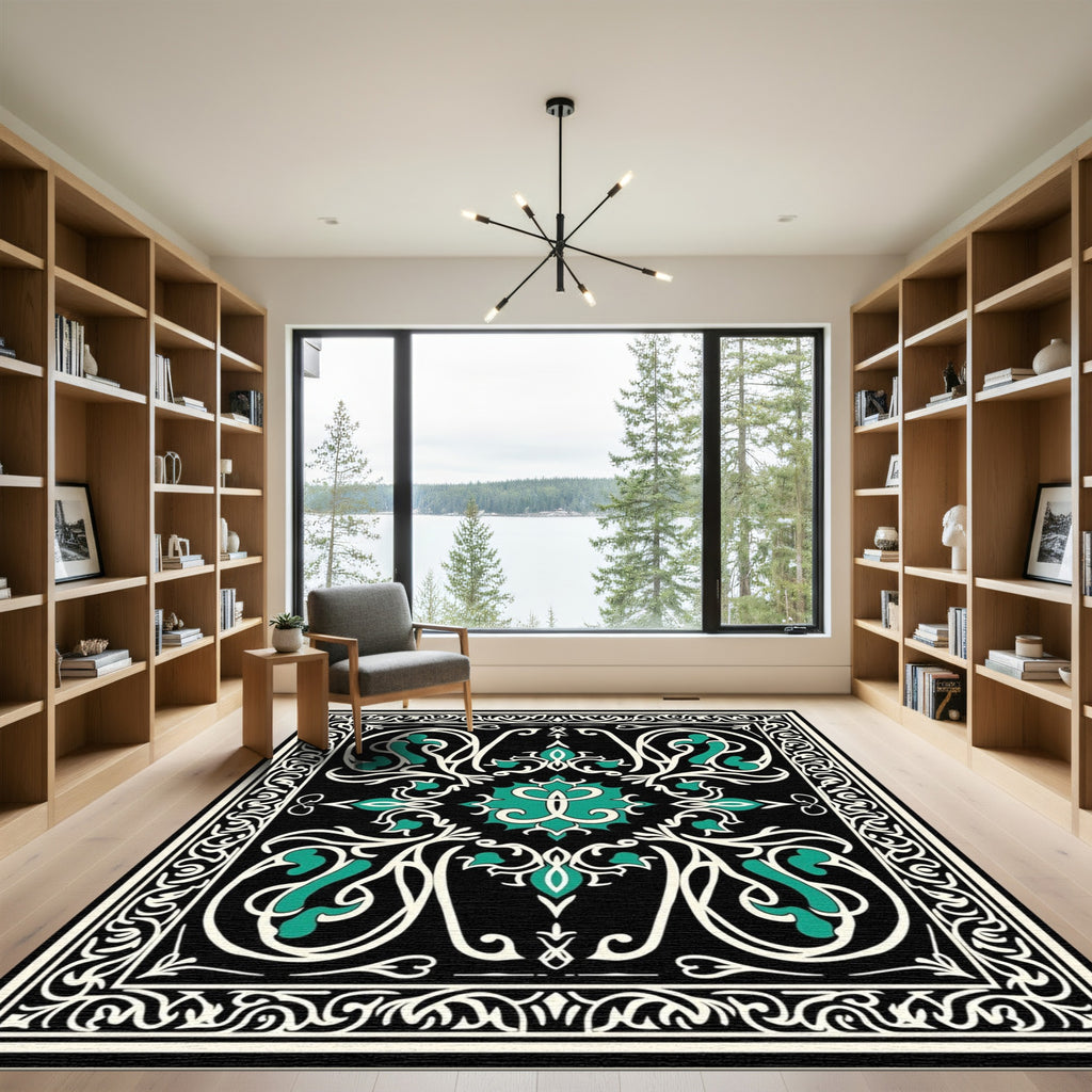 Black Cream Teal Arabesque Scroll Rug