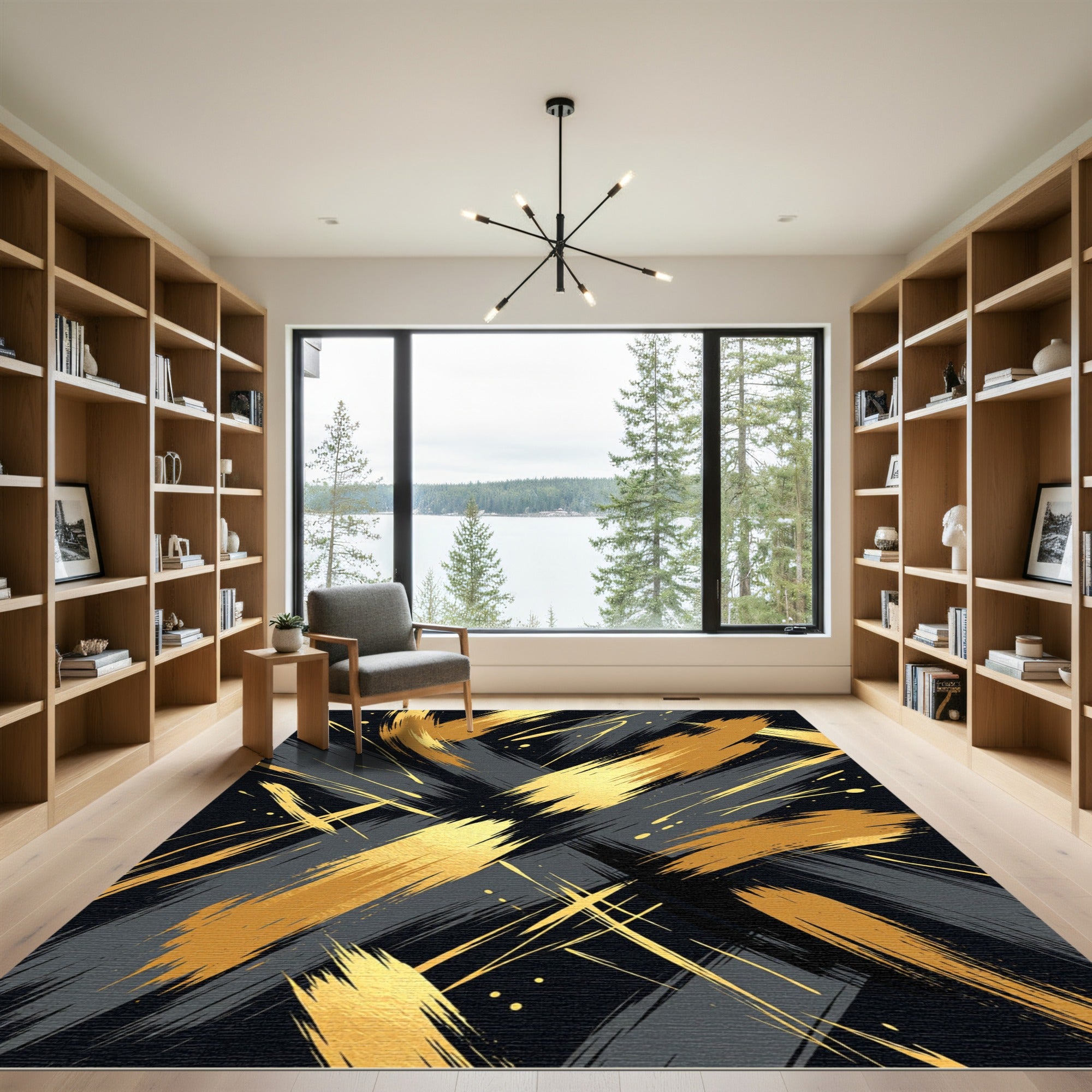Bold Gold Brushstroke Abstract Rug