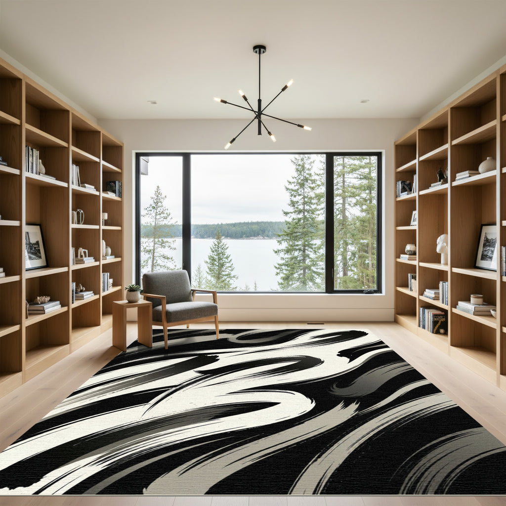 Modern Monochrome Abstract Ink Swirl Rug