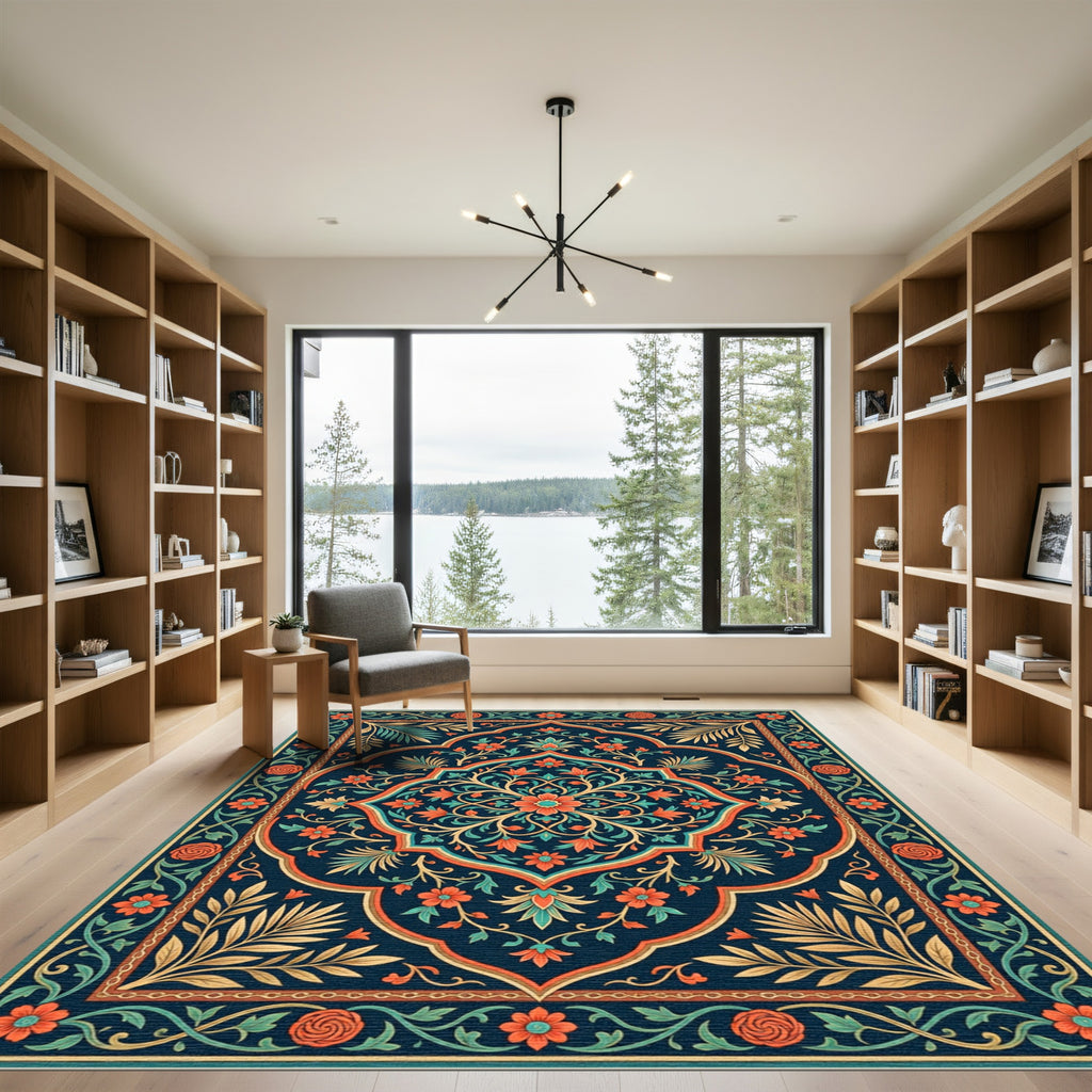 Elegant Teal and Coral Floral Medallion Rug