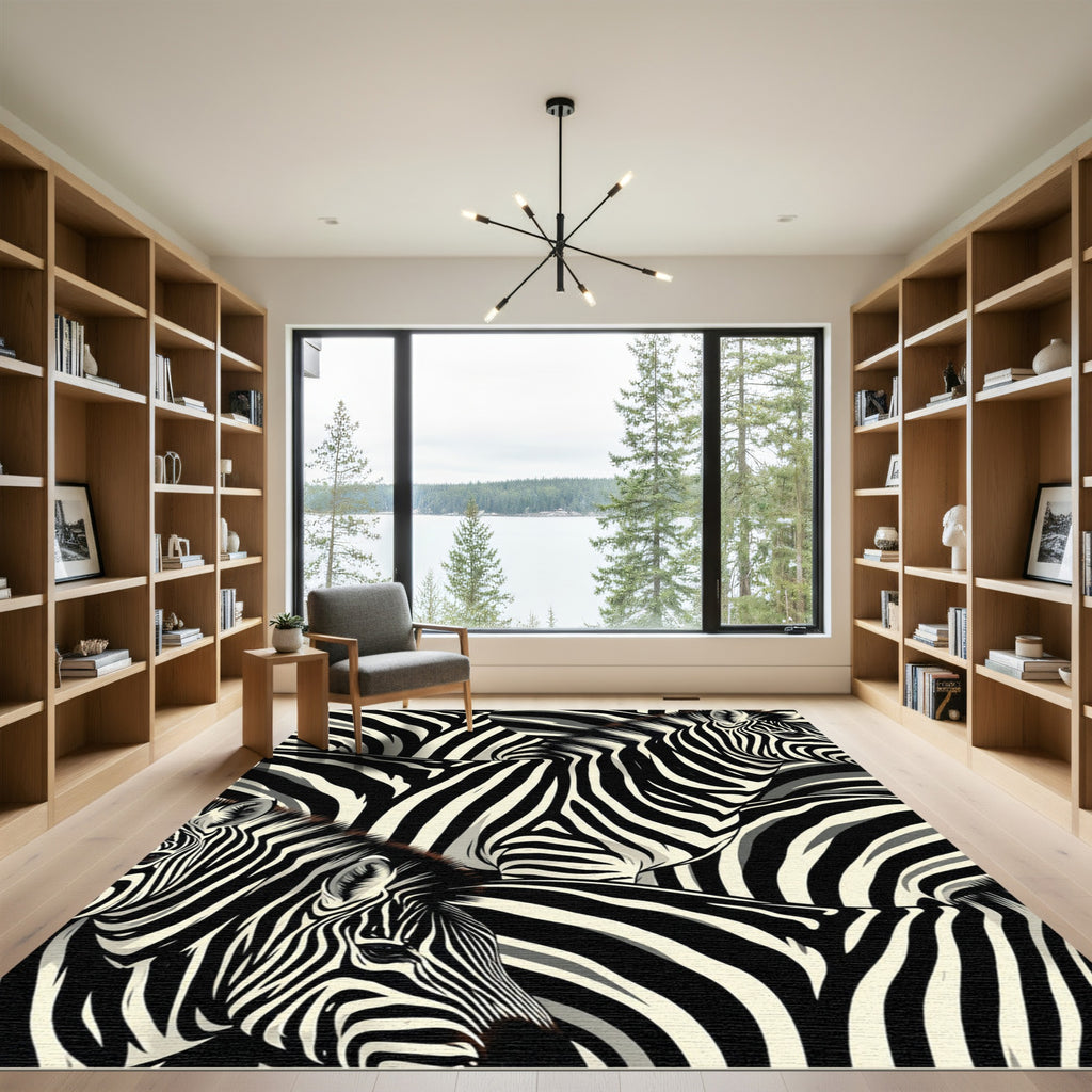 Bold Black White Zebra Stripe Mosaic Rug
