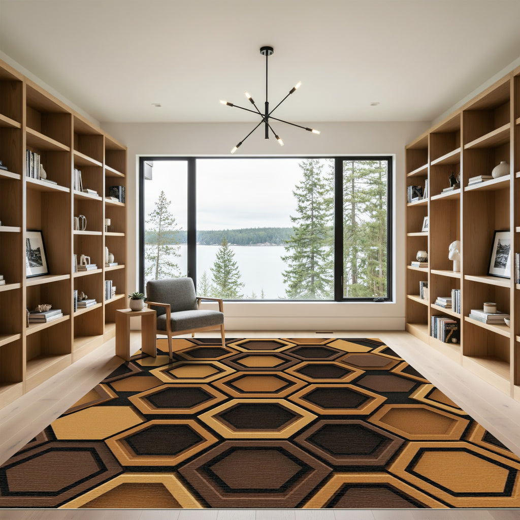 Earthy Brown Hexagon Inlay Rug
