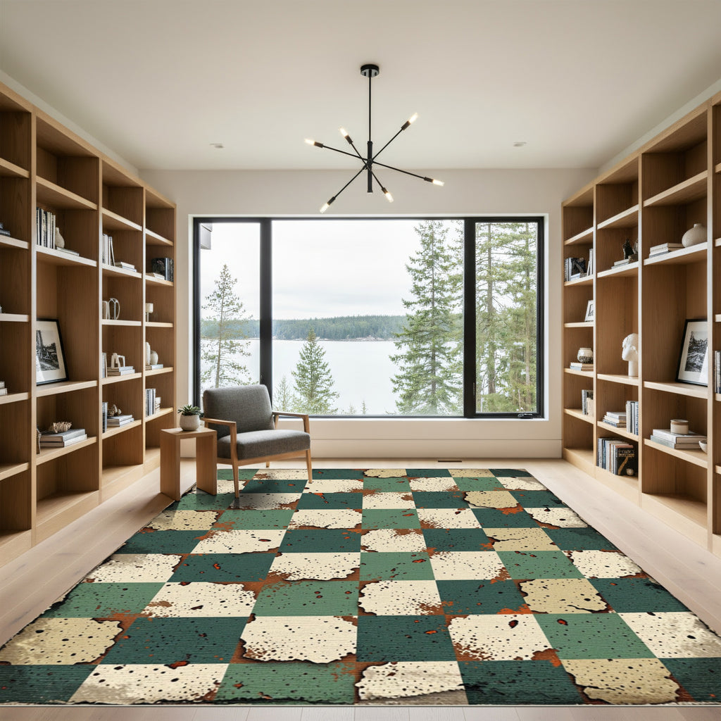 Aged Checkerboard Splatter Green Cream Rug