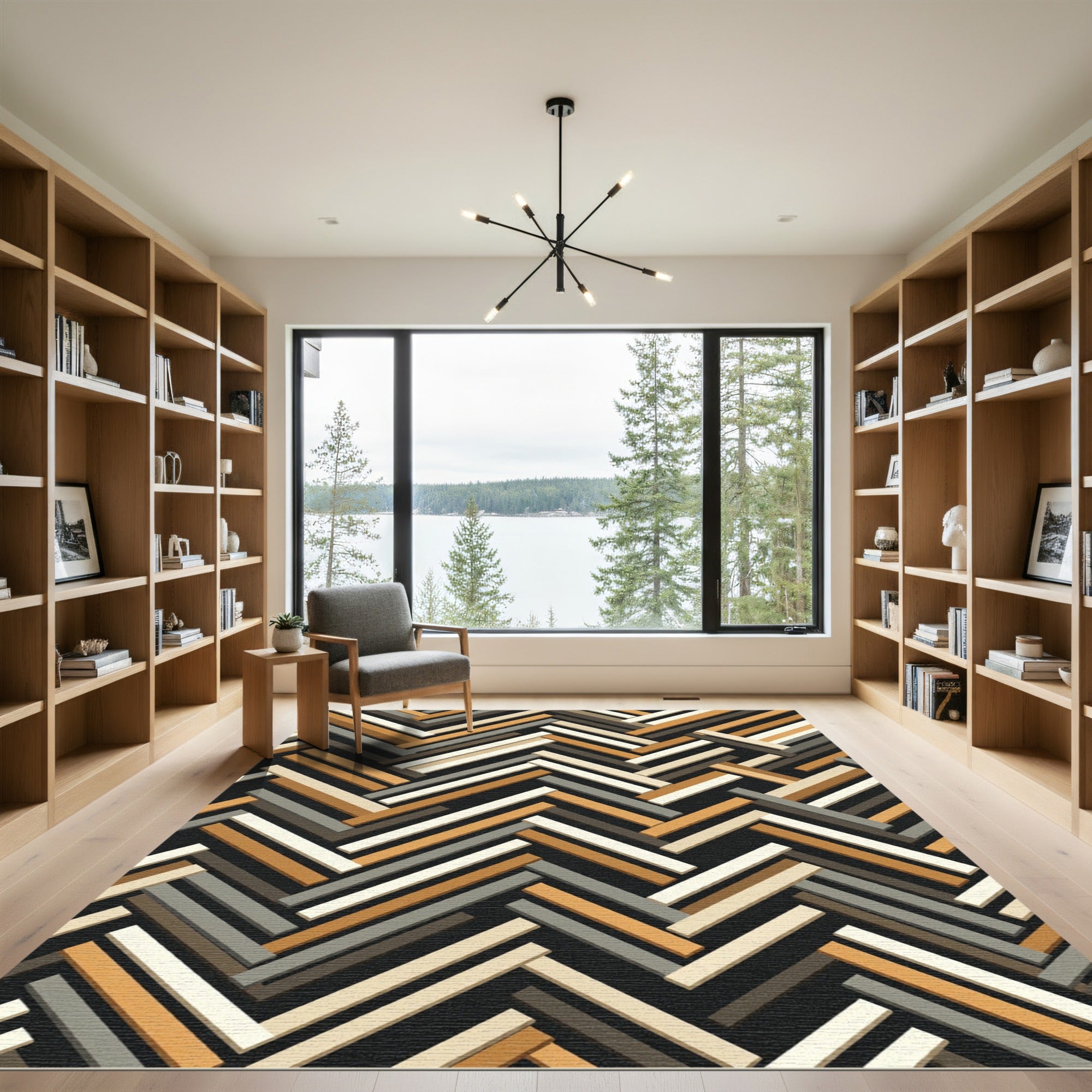 Modern Neutral Herringbone Slatted Geometric Rug