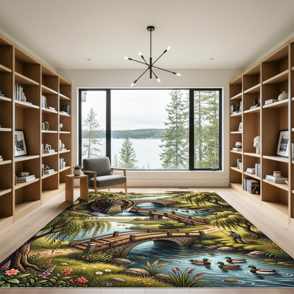 Pastoral River Landscape Bridge Scene Rug