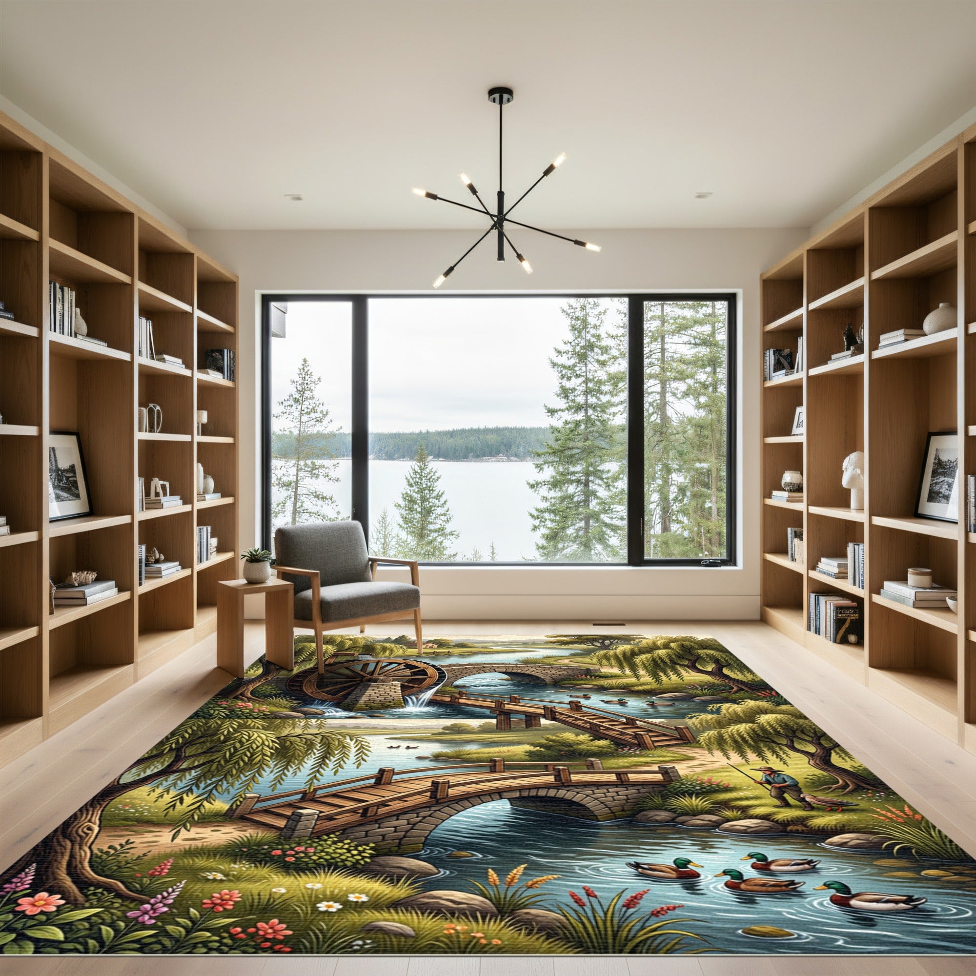 Pastoral River Landscape Bridge Scene Rug