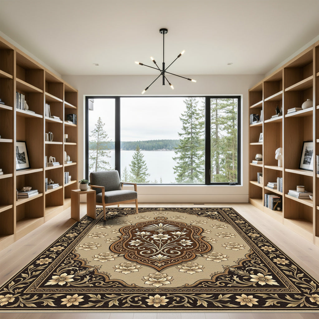 Elegant Brown Floral Medallion Garden Rug