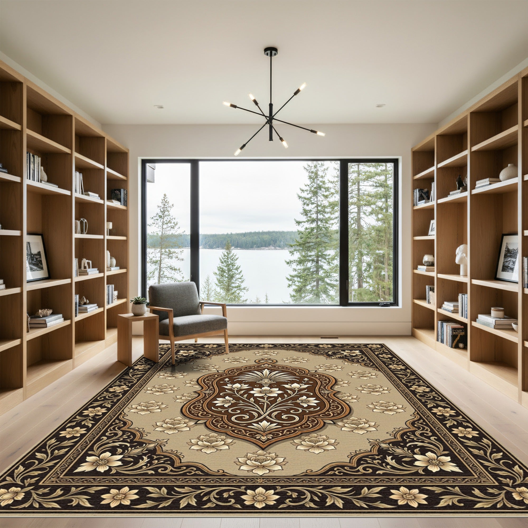 Elegant Brown Floral Medallion Garden Rug