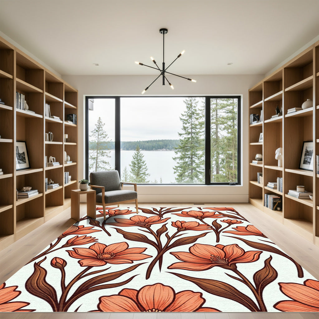 Coral Peach Floral Stem Arrangement Rug