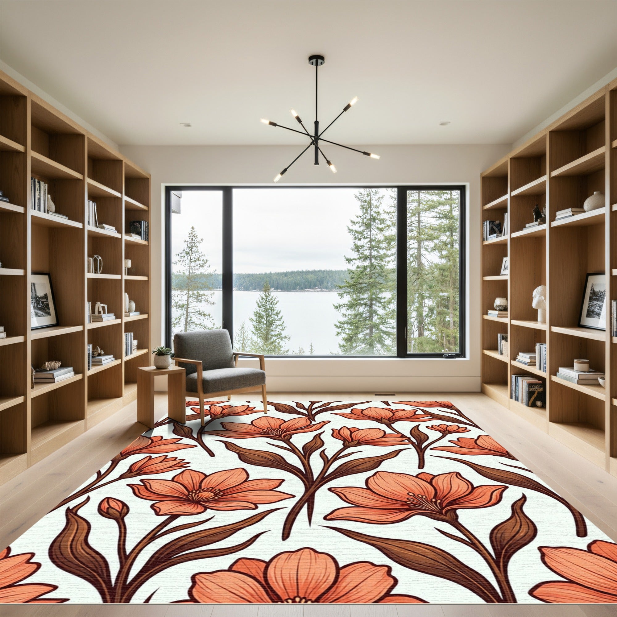 Coral Peach Floral Stem Arrangement Rug