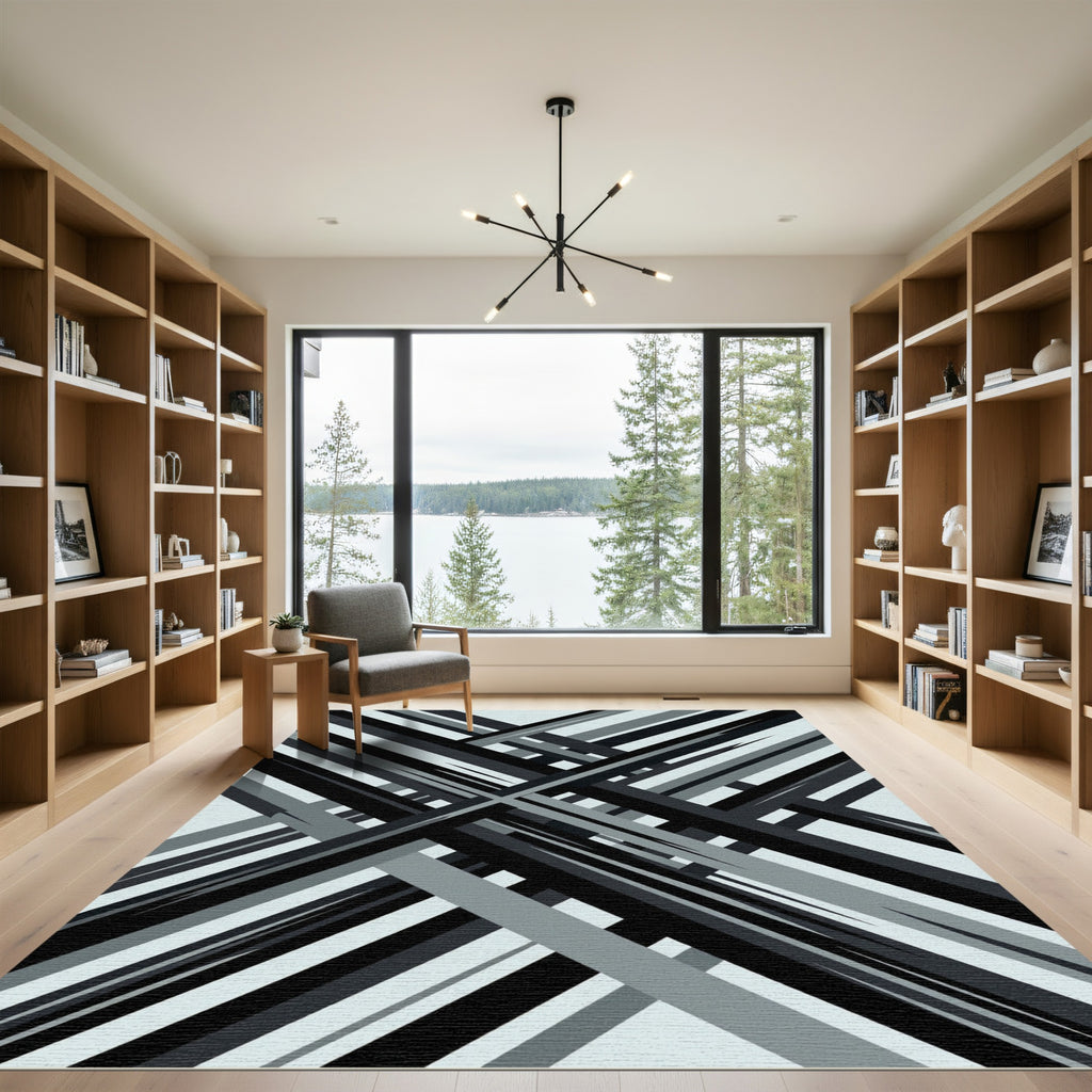 Modern Monochrome Charcoal Geometric Crosshatch Rug